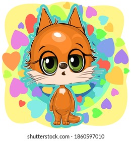 Little Fox. Kitty cub. Cute funny animal on an abstract background with hearts. Child. Cartoon style. Isolated on white. vector
