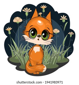 Little Fox. Kitty cub. Cute funny animal on the background of a summer blooming meadow. Child. Cartoon style. Isolated on white. vector