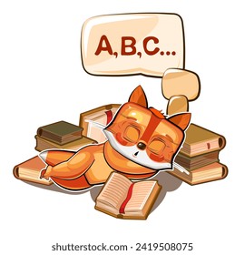 little fox learned read and fell asleep. Animal isolated on white background. Sticker. Fun cartoon style. Vector