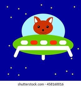 little fox on a flying saucer in outer space