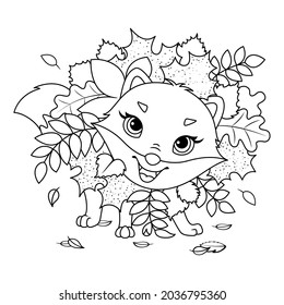 Little fox playing in autumn leaves coloring page. Black and white cartoon illustration