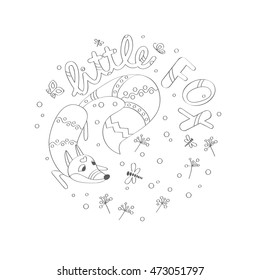 Little fox puppy playing on a summer meadow among flowers and butterflies, hunting for a dragonfly, with a lettering.  Hand drawn. Coloring book for adults and children.  Vector illustration.