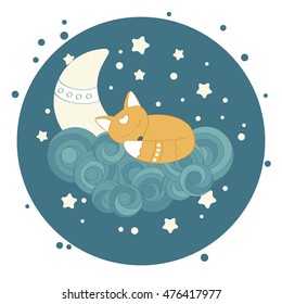 Little fox puppy sleeping on a cloud among crescent moon and night stars. Vector illustration. Good night greeting card.