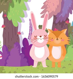 little fox and rabbit cartoon character forest foliage nature landscape vector illustration