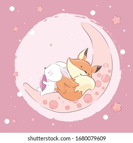 Little fox rabbit sleeping on the moon