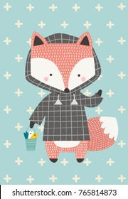 Little fox in the raincoat. Vector illustration in Scandinavian style. Funny, cute poster.