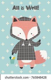 Little fox in the raincoat. Vector illustration in Scandinavian style with text. Funny, cute poster.