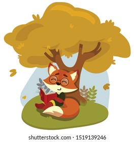 Little fox reads the book under tree. Autumn mood