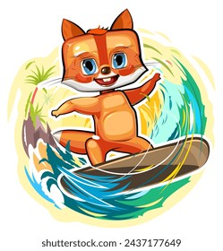 little fox rides board on waves. Sticker. Animal isolated on white background. Fun cartoon style. Vector