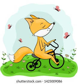 Сute little fox riding a tricycle on green grass with flowers and butterflies.