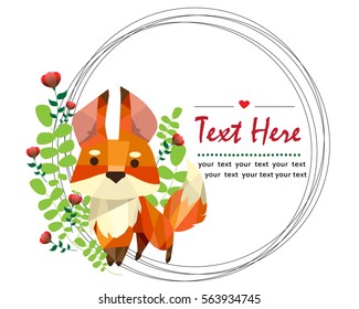 Little fox in round frame with red flower : invitation card