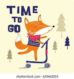 little fox with scooter illustration vector for print