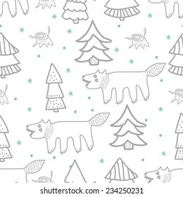 Little fox. Seamless winter holidays theme fox forest and Christmas tree background pattern in vector, pattern 