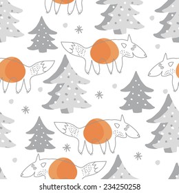 Little fox. Seamless winter holidays theme fox forest and Christmas tree background pattern in vector, pattern 