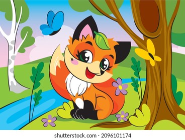 a little fox sits under a tree next to a river and a birch