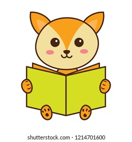 A little fox sitting down reading a book. Cute fox sitting isolated on white background. Vector illustration.