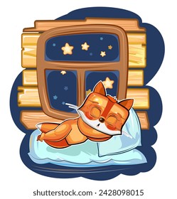 little fox sleeping in bed. Animal isolated on white background. Sticker. Fun cartoon style. Vector