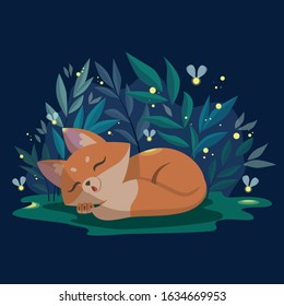 little fox sleeping in leaves 