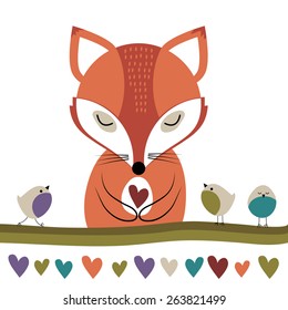 Little fox with a small birds.  Happy birthday. Vector illustration. Cartoon set