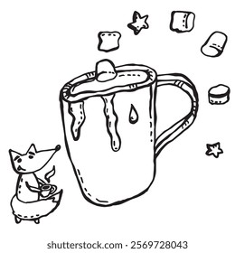 A little fox stands with a cup of hot drink and looks at a huge cup with a hot drink, into which marshmallows and stars fly