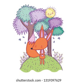 little fox with sun kawaii in the landscape