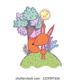 little fox with sun kawaii in the landscape