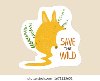 Little fox with a tear begging for saving the wild life. Ecology poster for eco activism, symbolising the thread for wildlife from human activities