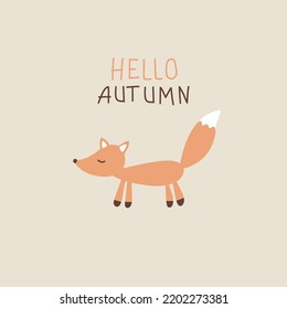 Little fox and text “Hello Autumn”. Cartoon vector illustration. Doodle style. Design for greeting card