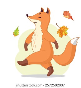 little fox walking in autumn, autumn leaves falling, autumn, red, orange, funny fox, funny character, forest, animal