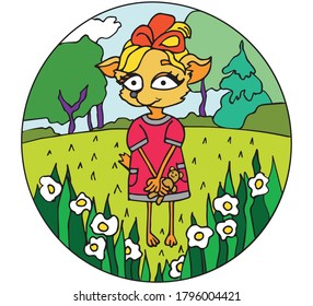 
Little fox walking in the meadow, vector cartoon hand drawing  illustration