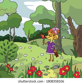 
A little fox walks in the forest, sniffs a flower. Childrens cartoon vector illustration