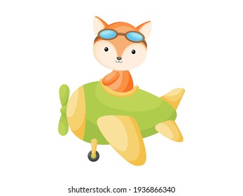 Little fox wearing aviator goggles flying an airplane. Funny baby character flying on plane for greeting card, baby shower, birthday invitation, house interior. Isolated cartoon vector illustration