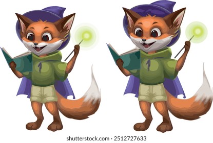 Little Fox assistente personagem conceito arte com renderização casual jogo arte 2D artista mágico design crianças livro ilustração bebê produto ClipArt Elemento Magic Hat cabo robe Shorts e Hoodie Kid