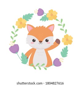 little fox wreath flowers leaves cartoon animal vector illustration