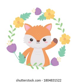 little fox wreath flowers leaves cartoon animal vector illustration