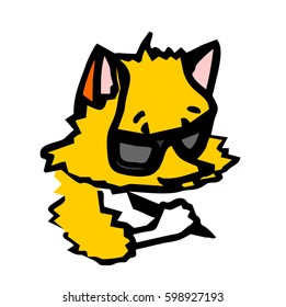 A little fox writes something with a pencil. A cartoon character is an animal in large sunglasses.