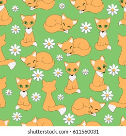 Little foxes and chamomiles. Seamless pattern on green background.