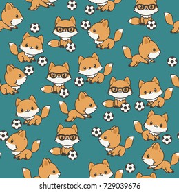 Little foxes playing soccer seamless pattern. Vector wallpaper.