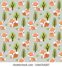 Little Foxes seamless pattern in the forest.  Vector illustration design for fabric, textiles, wallpaper, background, nursery wall art, etc.