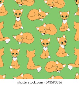 Little foxes. Seamless pattern on green background.