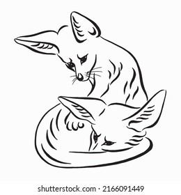 Little foxes. Wall sticker. Hand-drawn, sketch portrait of two cute  little foxes on a white background. Vector black and white illustration. Linear drawing.