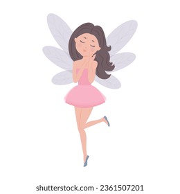 Little fragile fairy, girl with wings, Vector simple children's illustration in flat style.Cute fairy tale character.
