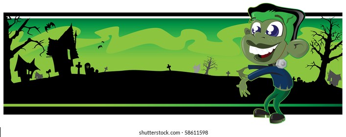 little Frankenstein character walking across a very spooky Halloween background