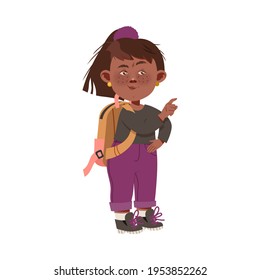 Little Freckled Girl with Backpack Gossiping and Spreading Rumors About Her Agemates Vector Illustration