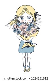 Little freckles girl with big bouquet of flowers, vector illustration