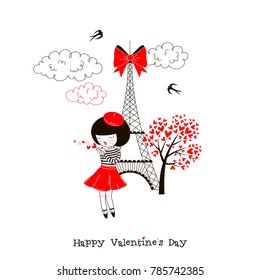 Little French Girl Sending An Air Kiss, Valentine Day Design