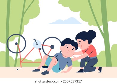 Little friend support. Boy falling from bike and girl supporting and help him. Outdoor childish dangerous accident. Friendship recent vector concept