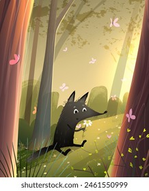 Little friendly wolf in green wild forest lawn with butterflies and flowers. Cute animal character in woods, kind cartoon for kids story or fairy tale. Vector children illustration in watercolor style