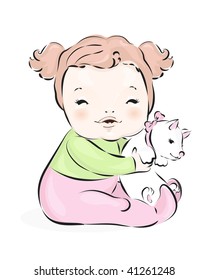 Little friends: baby girl with cat