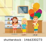 Little Friends Buying Sweet Present at Bakery Shop. Boy Holding Flower Bouquet, Girls Carrying Balloons and Festive Cake with Cute Decor Cartoon. Flat Sweetshop Interior. Vector Greeting Illustration